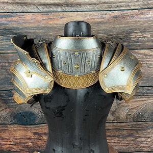 May include: A silver and gold-colored shoulder armor set. The armor features intricate detailing, including rivets, decorative patterns, and layered plates. The design suggests a medieval or fantasy theme, with a weathered appearance.