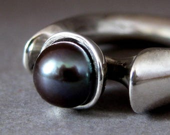 Black Pearl Sterling Silver Ring - Handmade Engagement Jewelry