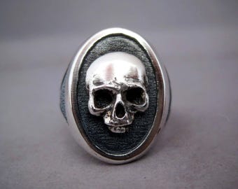 Sterling Silver Skull Signet Ring - Handmade Pirate Ring