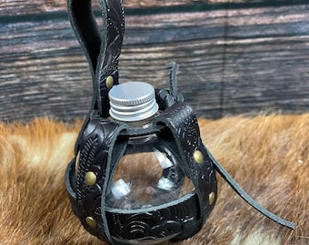 Leather belt AMPOULE holder FLOREAL - Handcrafted - LARP, Cosplay, Renfair, Elfic, Cinema, Theatre