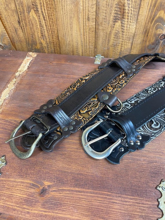 Leather big belt floreal METAL color: Gold or silver, handcrafted in Italy for LARP, Renfair, Cinema, cosplay, Medieval