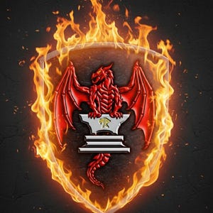Puede incluir: Un dise&ntilde;o de escudo con un drag&oacute;n rojo con alas extendidas, sobre un fondo de llamas. El drag&oacute;n est&aacute; centrado en un yunque plateado, con un emblema dorado y plateado. El escudo est&aacute; delineado en dorado, con un fondo oscuro.