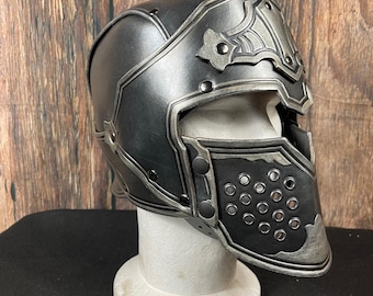Handmade Leather Knight Helmet - Larp Renfaire Fantasy Viking Costume - Removable Face Mask