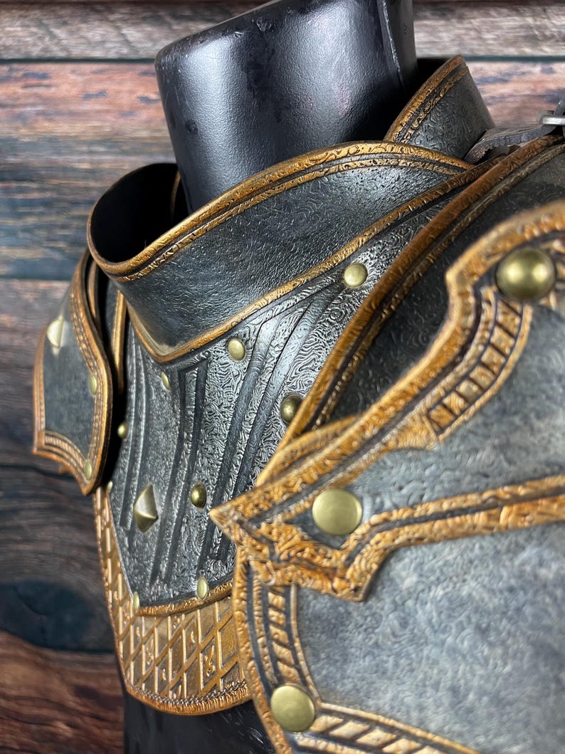 May include: Close-up of a detailed, ornate piece of armor. The armor is primarily gray and black, with gold-colored trim and accents. It features intricate patterns, rivets, and a textured surface, suggesting a medieval or fantasy theme.