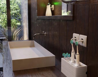 Portaspazzolino Da Bagno 3 Scomparti, Organizer Da Banco Per Spazzolini Elettrici E Manuali, Con Base Antiscivolo