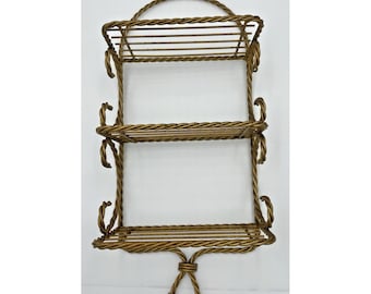 MCM 3-Tier Gold Twisted Rope Metal Wall Shelf, Hollywood Regency, Homco Style