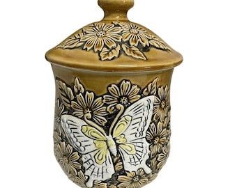 Vintage 1970s Ceramic Butterfly & Flowers Cookie Jar Harvest Gold