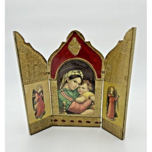 Vintage Italian Florentine Triptych Gold Religious Alter Icon Madonna Angels