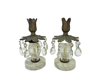 Hollywood Regency Crystal Prisms Candlestick Holders Marble Base Vtg Set of  2