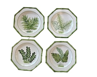 Vtg Set 4 Made In Italy Hand Painted Ceramic Octagon Bamboo Trim 8" Fern Plates