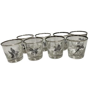 Vtg  Set 8 Federal Glass Silver Rim Sportsman Low Ball Glasses Game Bird  3.25&quot;