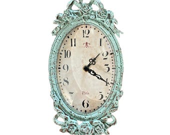 Distressed French Style Metal Wall Clock Turqoise Paris Time Battery Clock Works