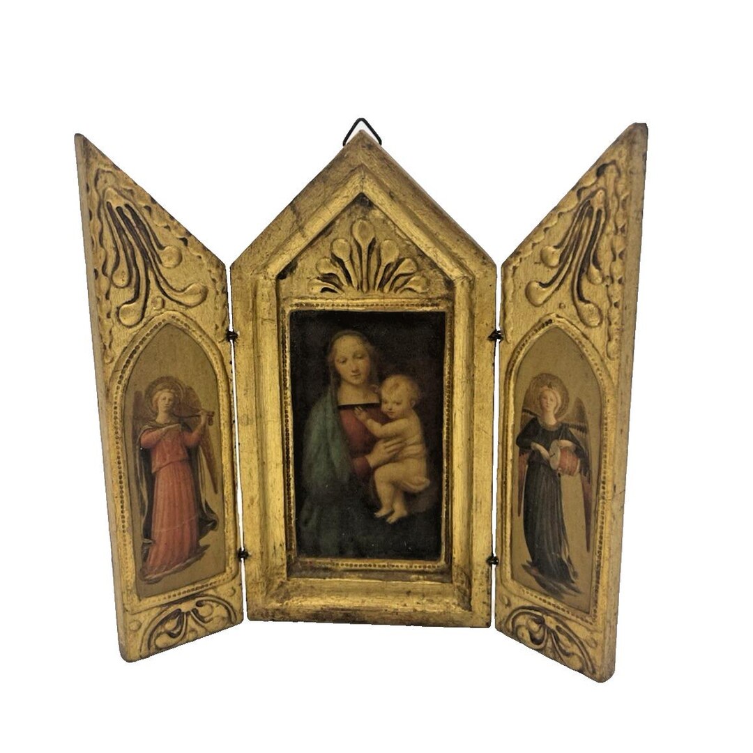 Vintage Italian Florentine Triptych Gold Religious Alter Icon Madonna ...