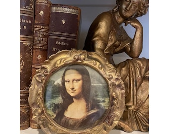 Vtg Italian Florentine Gold Gilt Framed Mona Lisa Print 5" Art