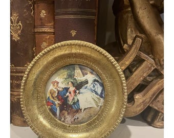 Vtg Italian Florentine Italy Park Scene Gold Gilt Wood 3" Mini Wall Plaque
