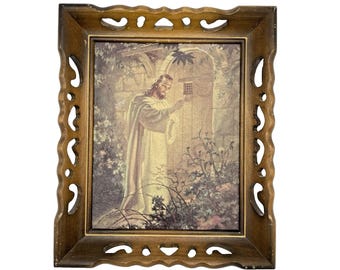 Vtg Sallman's Jesus Christ Knocks At Hearts Door Framed Lithograph Wood Frame