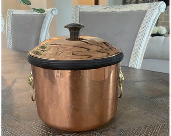 Vintage MCM Coppercraft Guild Copper Ice Bucket 2 Brass  Lion Head Handles 7x7"