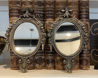 Vtg Set Of 2 Mini Ornate Brass Oval Floral Framed Mirrors 6.5x4" Italy