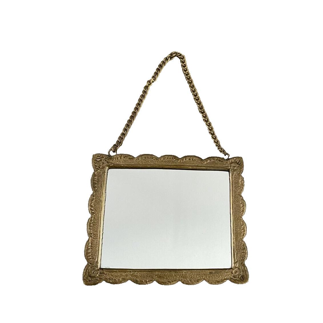 Antique Heavy Bronze Gold Embossed Chain Hanging Wall Mirror 6" x 7"