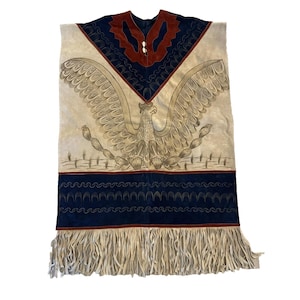 Vintage Mexican Tooled Suede Leather Eagle  Poncho with Fringe