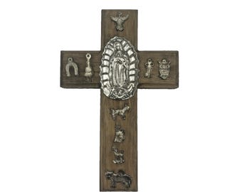 Mexican Folk Art Cross Oremus Mercy Wood Milagros Virgin Mary Religious Crucifix