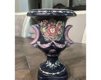 Vtg Asian Urn Vase Ceramic Navy Blue Pink Floral Handled Planter Home Decor 8"