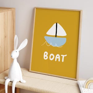 Bootposter – afdrukbare kindermuurkunst, minimalistische nautische illustratie voor kinderkamer of speelkamer, educatieve digitale download
