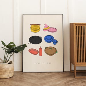 Plates of the World Poster – Minimal Graphic Illustration of 6 Iconic Dishes, Global Kitchen Wall Art