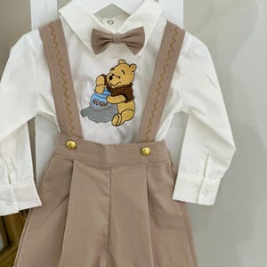 Conjunto de lino de 5 piezas para bebé niño, traje formal de pantalón de manga larga para niño pequeño, marrón claro, pantalones de portabebé, pajarita, camisa blanca, atuendo para niño pequeño, look de niño con anillos