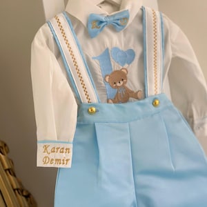 Personalized Baby Boy 1st Birthday Outfit: Embroidered Teddy Bear Tuxedo