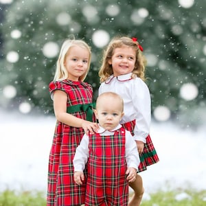 Christmas Plaid Family Matching Outfits,Red Green Tartan Holiday Dress & Baby Romper,Sibling Christmas Photo OutfitKids Holiday Clothing Set