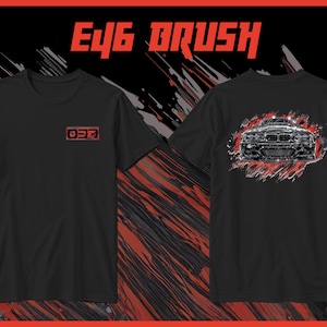 May include: Black t-shirts with a car graphic. One shirt has a small "037" logo on the front. The other shirt features a detailed car illustration on the back, with the text "E46 BRUSH" in red.