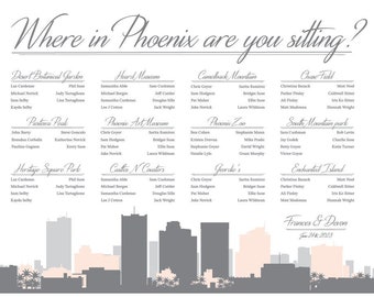 Phoenix Arizona Printable Seating Chart with city skyline, sent ready to print. Ink color, font, all text custom. Quick turnaround time.