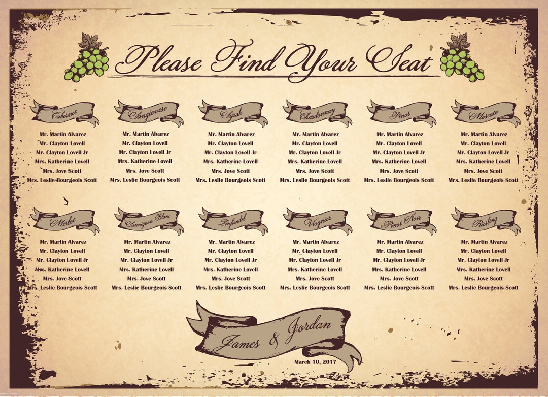 Winery Wedding Seating Chart Wine Varieties, Custom Text (printable