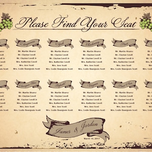 Printable Wine Varieties Seating Chart for Winery weddings, events. Sent ready to print. Ink color, font, all text custom. Quick turnaround.