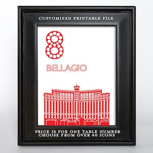 Letreros para decoración de recepción de bodas con números de mesa para imprimir en Las Vegas, iconos de lugares de interés de 4 x 6, 5 x 7 u 8 x 10. Elija fuente, color y lugares de interés