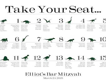 Dinosaur Printable Seating Chart for weddings, bar mitzvahs, sent ready to print. Ink color, font, all text custom. Quick turnaround.