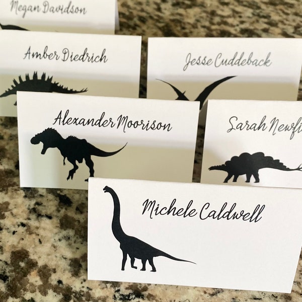 Dinosaur Place Card, printed with your guest name and table, choose colors, font, dinosaurs, arrive folded and ready to use