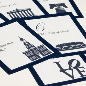 Philadelphia Table Number for Wedding or Party Decor, Choose from over 30 Landmarks, choose paper and ink colors image 1