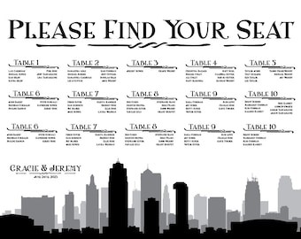 Kansas City Missouri Printable Seating Chart Poster for weddings, sent ready to print. Ink color, font, all text custom. Quick turnaround.