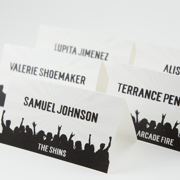 Rock Concert Printed Place Card for Music Themed weddings, bar mitzvahs, bat mitzvahs, parties. Arrive folded and ready to use