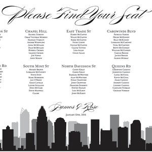 Charlotte Printable Seating Chart Poster, sent ready to print. Ink color, font, all text custom. Quick turnaround time.