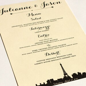 Menú del horizonte de París para bodas o eventos, totalmente personalizado según sus detalles, elija el archivo imprimible terminado o la opción impresa y enviada