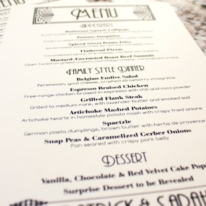 May include: A black and white menu featuring a family style dinner option. The menu includes Belgian Endive Salad, Espresso Braised Chicken, Grilled Flank Steak, Artichoke Mashed Potatoes, Spaetzle, Snap Peas & Caramelized Gerber Onions, and dessert options.