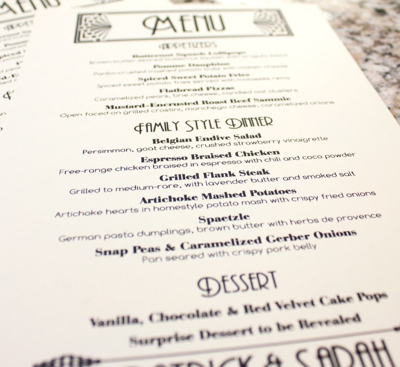 May include: A black and white menu featuring a family style dinner option. The menu includes Belgian Endive Salad, Espresso Braised Chicken, Grilled Flank Steak, Artichoke Mashed Potatoes, Spaetzle, Snap Peas & Caramelized Gerber Onions, and dessert options.