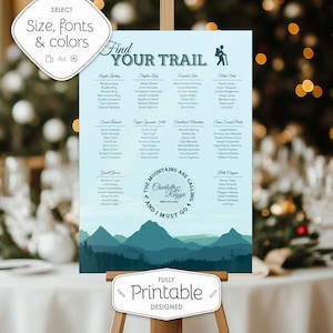 Mountains are Calling Printable Seating Chart for hiking, camping weddings, sent ready to print. Find Your Trail. Color, font, text custom.