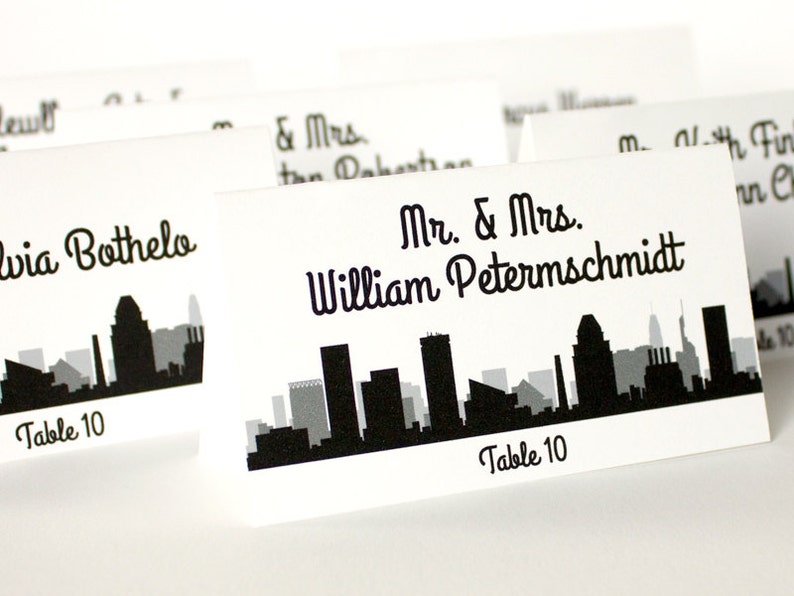 Baltimore Skyline Printed and Folded Place Card with Guest Name and Table for Weddings or Parties, choose font and color image 2
