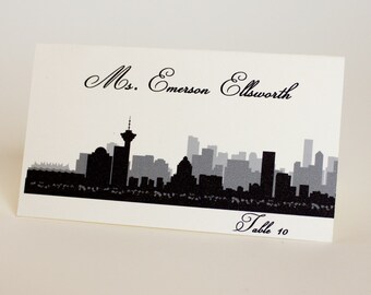 Vancouver Skyline Printed Place Card for weddings or parties, choose font and color, arrive folded and ready to use. Quick turnaround time