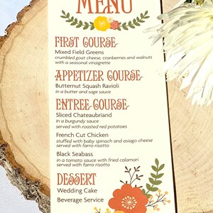 Groovy 70's Flower Menu na wesela lub imprezy, w pełni dostosowane do Twoich szczegółów, wybierz gotowy plik do druku lub opcję wydruku z wysyłką