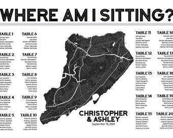 Staten Island Map Printable Seating Chart for weddings, bar mitzvahs, sent ready to print. Ink color, font, text custom. Quick turnaround.